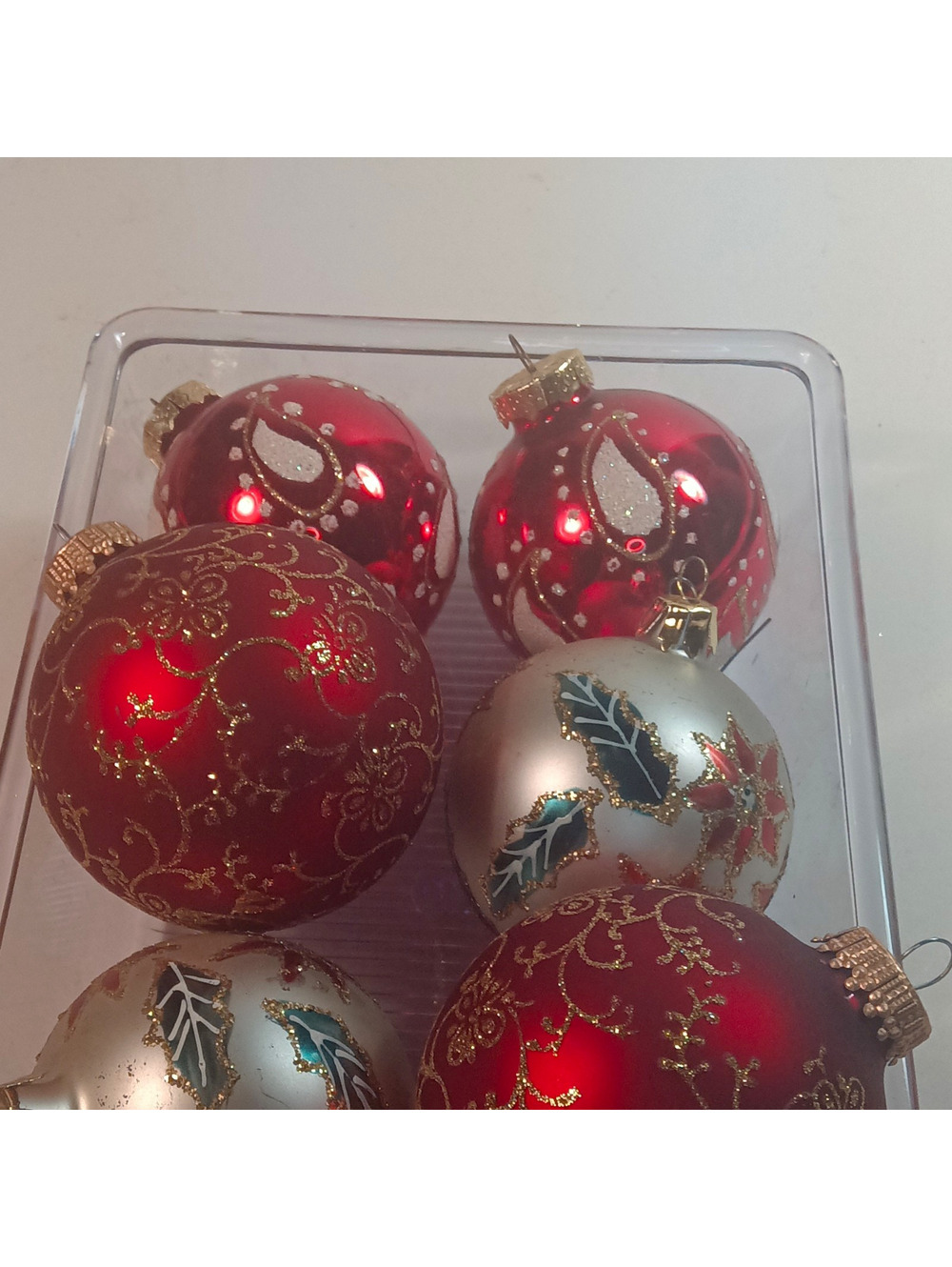 Glass Christmas Bauble Ornaments Hanging Glitter Floral Round Red Gold Silver 11